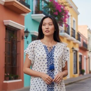 Liz Claiborne White Blue Floral Cottagecore Blouse with Blue Tassel‎ Women's XL